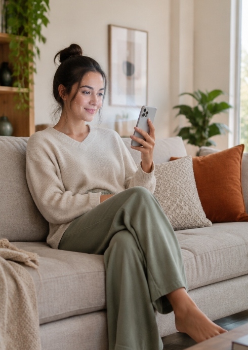 Mulher utilizando o Vital Scan pelo celular confortavelmente no sofá